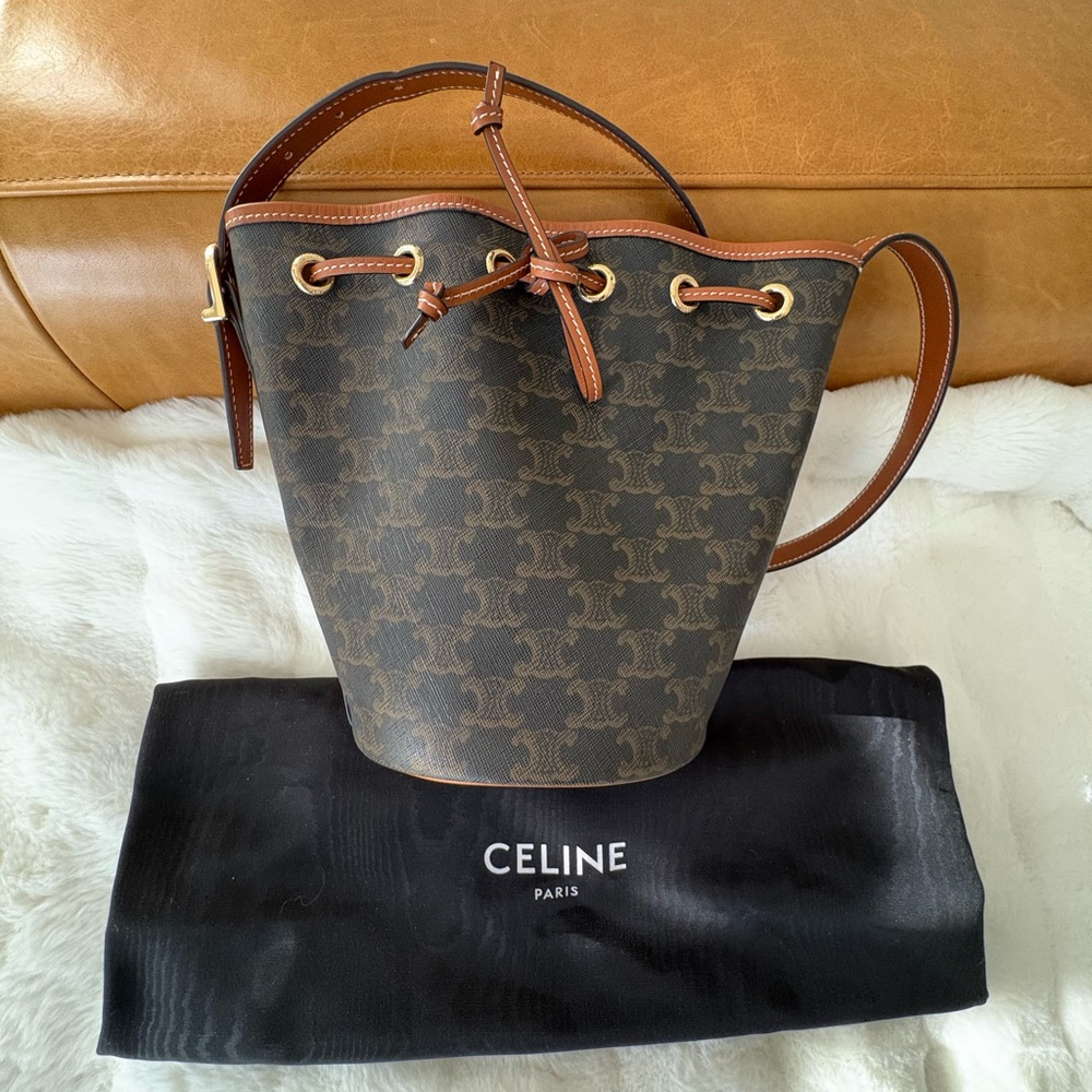 Celine Triomphe Canvas Calfskin Small Drawstring Bucket Bag - Picture 5 of 12